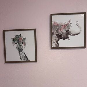 Floral Animal Wall Art Set - Giraffe and Elephant